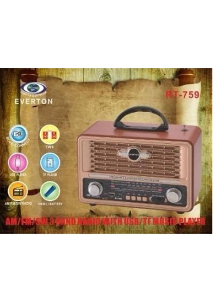 Everton Rt-759 Bluetooth Fm-Usb-Tf-Aux Şarjlı Nostaljik Radyo