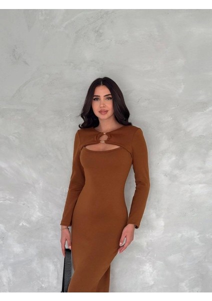 Kadın Uzun Kollu Halka ve Pencere Dekolte Detay Fırsat Ürün Midi Boy Elbise fırsatları