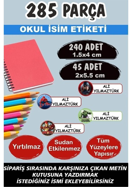 Okul Etiketi Kalem Defter Etiketi Özel Isimli Etiket Süper Kahramanlar 285 Parça