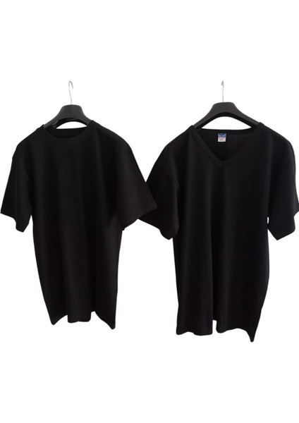 Tişört V Yaka-Sıfır Yaka Pamuklu Cotton Slim Fit Ekstra Esnek Siyah 2'li Avantajlı Paket Unisex Bvsb1-3
