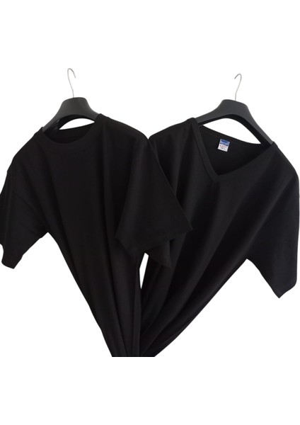 Tişört V Yaka-Sıfır Yaka Pamuklu Cotton Slim Fit Ekstra Esnek Siyah 2'li Avantajlı Paket Unisex Bvsb1-3 indirimleri