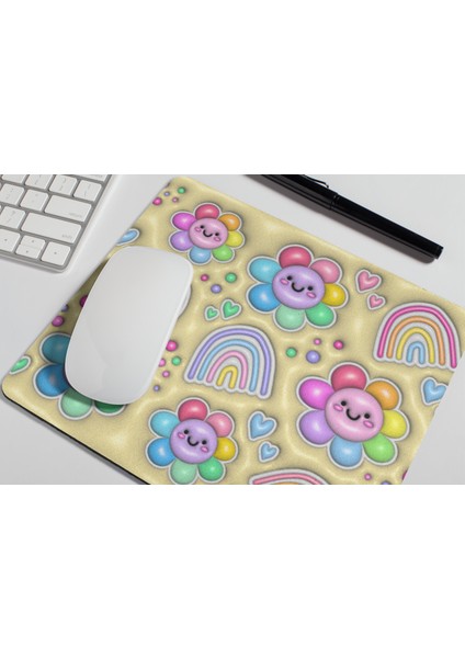 Sevimli Çiçekli Gökkuşağı Desenli Pastel Renkli Kawaii Tasarım Hediyelik Mouse Pad