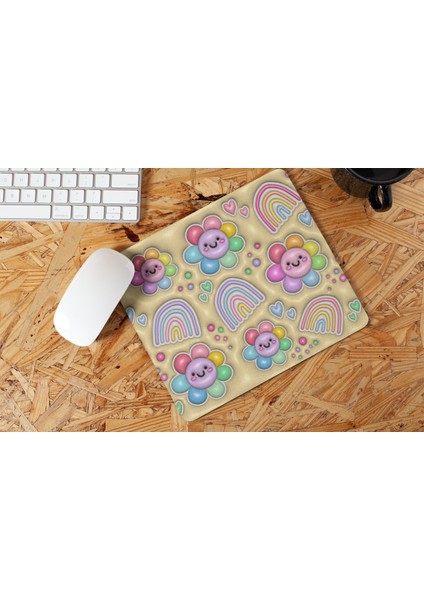 Sevimli Çiçekli Gökkuşağı Desenli Pastel Renkli Kawaii Tasarım Hediyelik Mouse Pad fiyatları