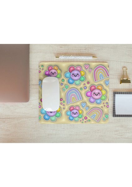 Sevimli Çiçekli Gökkuşağı Desenli Pastel Renkli Kawaii Tasarım Hediyelik Mouse Pad modelleri