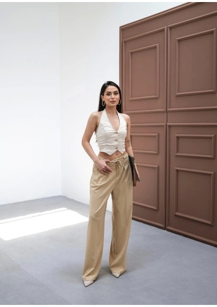 Beli̇ Lasti̇k ve Bağcikli Geni̇ş Paça Pantolon