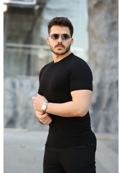 Erkek Viskon Kumaş Bisiklet Yaka Basic Tişört