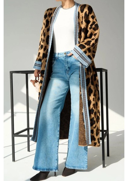 Uzun Leopar Hırka - Camel-Mavi fırsatları