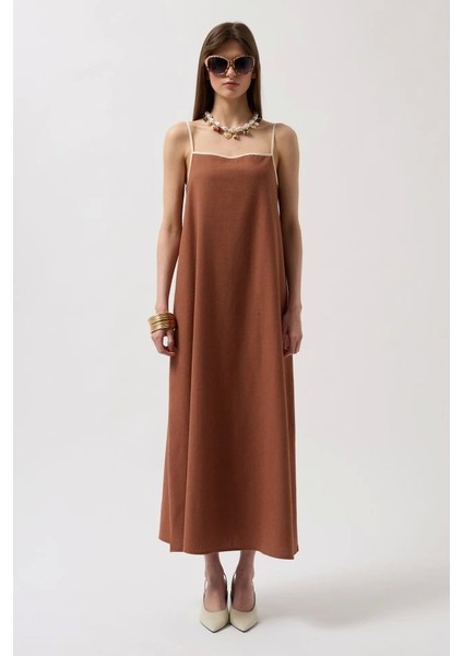 Şerit Detay Keten Maxi Elbise fiyatları