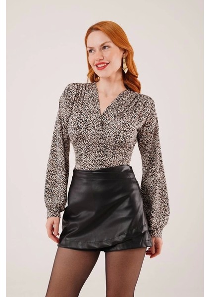 Mini Leopar Desen V Yaka Bluz