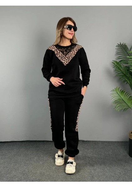 Kadın Üç Iplik Kumaş Leopar Desenli Dantel Detaylı Ikili Takım modelleri
