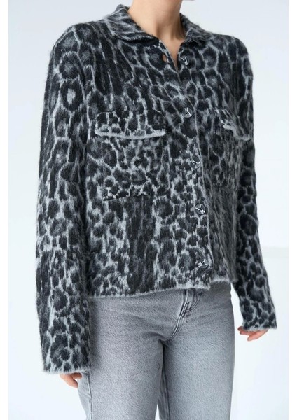Leopar Desen Jakarlı Hırka - Siyah-Açık Gri