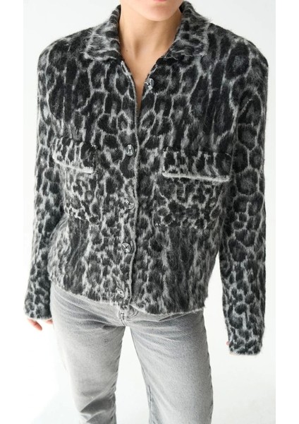 Leopar Desen Jakarlı Hırka - Siyah-Açık Gri fırsatları