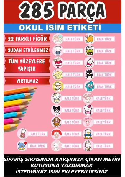 Okul Etiketi Kalem Defter Etiketi Tüm Sanrio Karakterleri Özel Isimli Etiket - 285 Adet