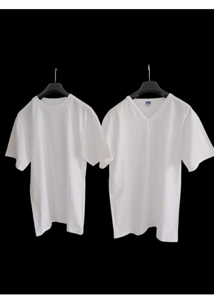 Tişört pamuklu cotton slim fit V yaka - sıfır yaka beyaz 2'li avantajlı paket unisex Bvsb1-4