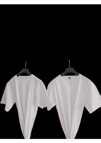 Tişört pamuklu cotton slim fit V yaka - sıfır yaka beyaz 2'li avantajlı paket unisex Bvsb1-4 modelleri