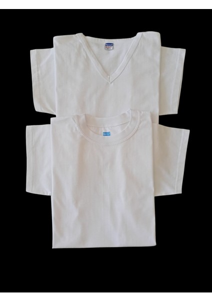 Tişört pamuklu cotton slim fit V yaka - sıfır yaka beyaz 2'li avantajlı paket unisex Bvsb1-4