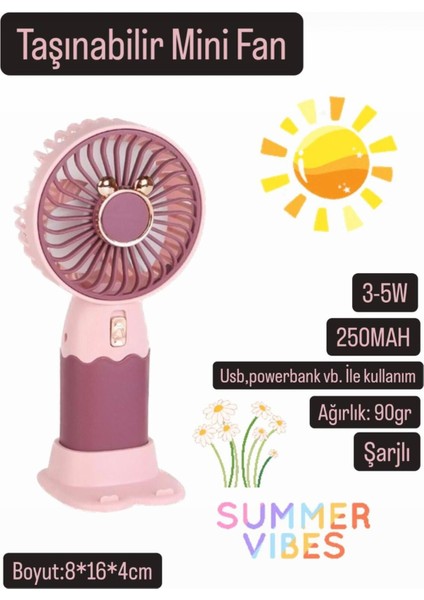 Taşınabilir Mini Fan, Şarjlı, Sessiz, Güçlü, Serinleten Masaüstü Vantilatör, Pembe Renk