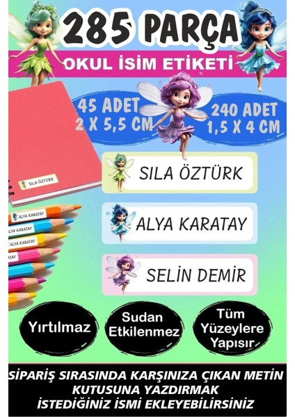 Okul Etiketi Kalem Defter Etiketi Isme Özel Etiket Periler 285 Adet