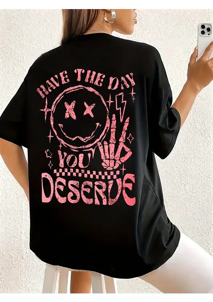 Baskılı Oversize Bisiklet Yaka T-Shirt - Siyah