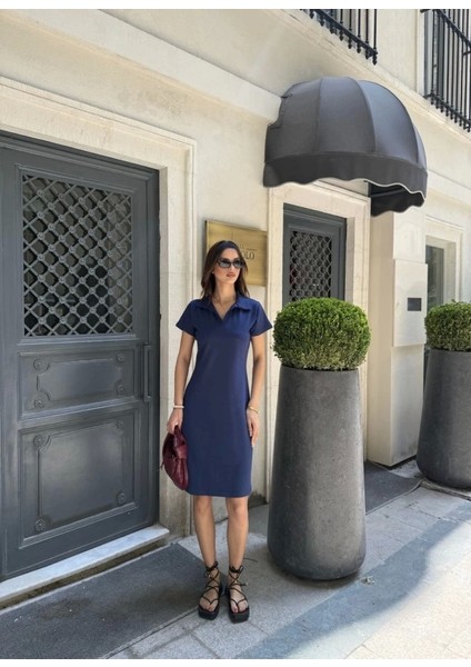 Osy Modal Yumuşak Dokulu Kumaş Yakalı Kısa Kollu Elbise - Mavi fırsatları