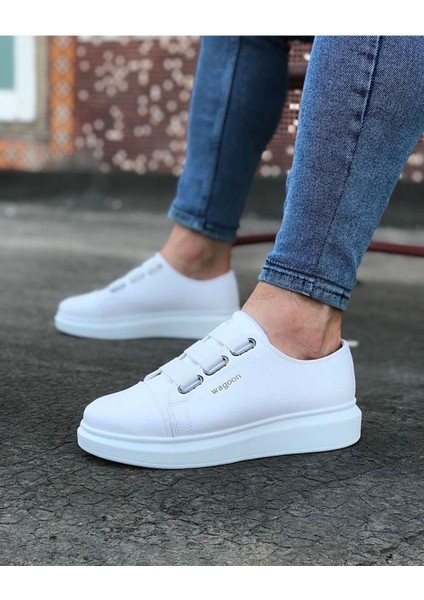 J026 Bağcıksız 3 Bant Lastikli Ortopedik Taban Erkek Sneaker Günlük Ayakkabı Bt Beyaz