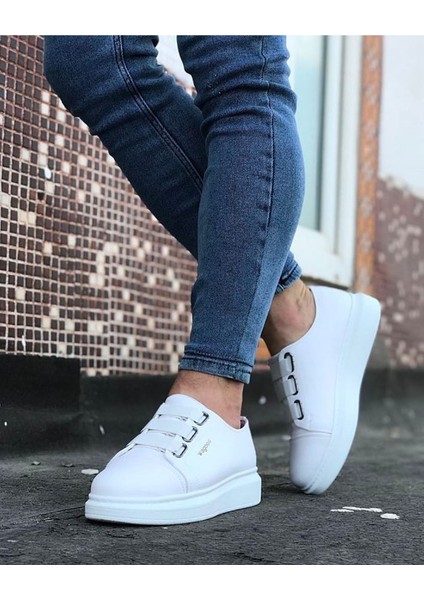 J026 Bağcıksız 3 Bant Lastikli Ortopedik Taban Erkek Sneaker Günlük Ayakkabı Bt Beyaz modelleri