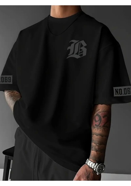 Baskılı Oversize Bisiklet Yaka T-Shirt - Siyah