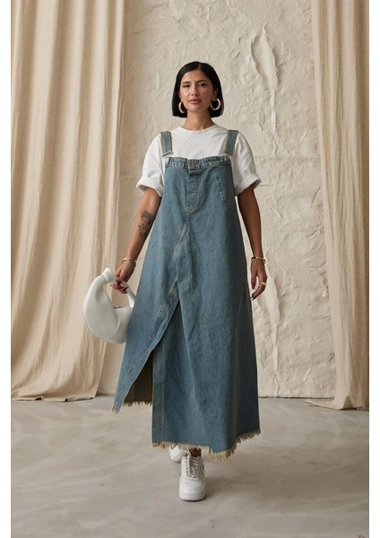 Mavi Askılı Düğmeli Kot Elbise