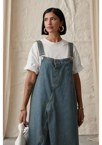 Mavi Askılı Düğmeli Kot Elbise modelleri