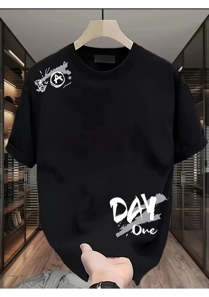 Baskılı Oversize Bisiklet Yaka T-Shirt - Siyah