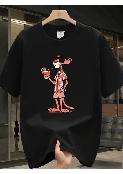 Baskılı Oversize Bisiklet Yaka T-Shirt - Siyah