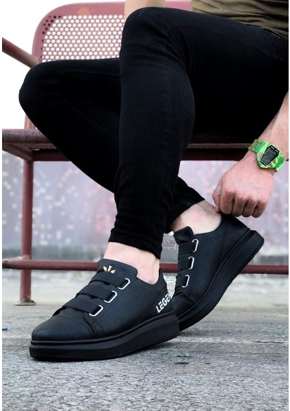 J029 Bağcıksız 3 Bant Lastikli Legend Ortopedik Taban Erkek Sneaker Günlük Ayakkabı St Siyah
