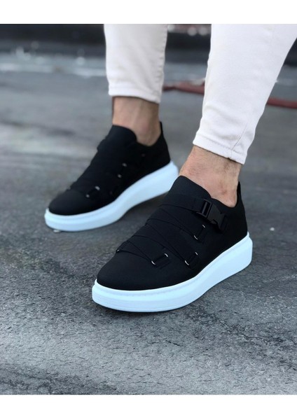 J033 Bağcıksız 4 Bant Lastikli Tokalı Ortopedik Taban Erkek Sneaker Günlük Ayakkabı Bt Siyah