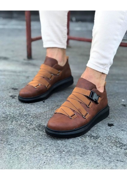 J033 Bağcıksız 4 Bant Lastikli Tokalı Ortopedik Taban Erkek Sneaker Günlük Ayakkabı St Taba