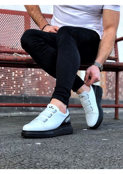J029 Bağcıksız 3 Bant Lastikli Legend Ortopedik Taban Erkek Sneaker Günlük Ayakkabı St Beyaz/siyah