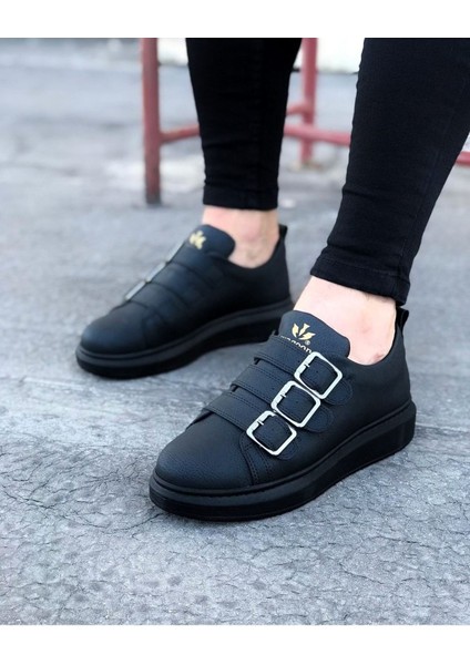 J050 Bağcıksız 3 Bant Tokalı Ortopedik Taban Erkek Sneaker Günlük Ayakkabı St Siyah