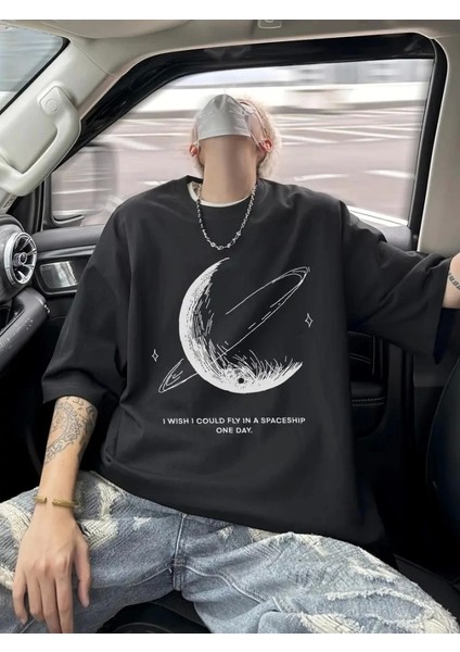 Baskılı Oversize Bisiklet Yaka T-Shirt - Siyah