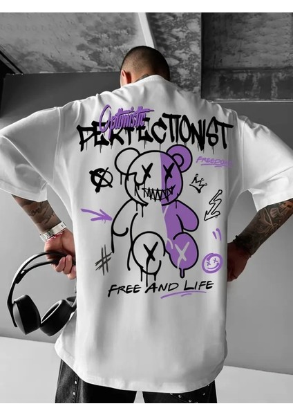 Baskılı Oversize Bisiklet Yaka T-Shirt - Beyaz