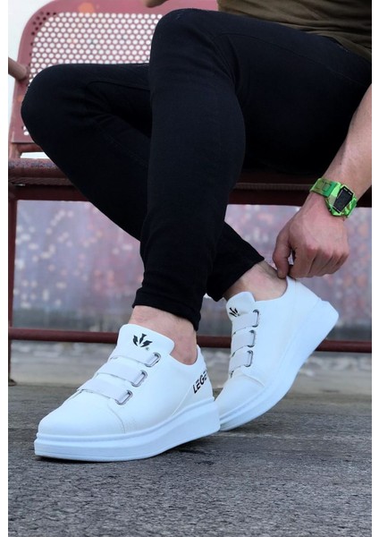 J029 Bağcıksız 3 Bant Lastikli Legend Ortopedik Taban Erkek Sneaker Günlük Ayakkabı Bt Beyaz