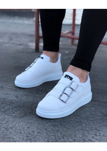 J050 Bağcıksız 3 Bant Tokalı Ortopedik Taban Erkek Sneaker Günlük Ayakkabı Bt Beyaz