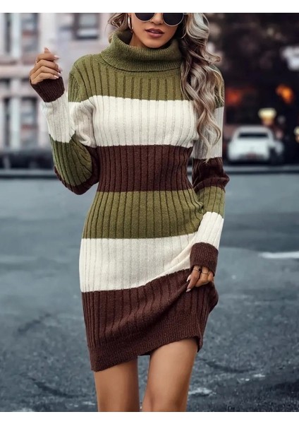 Kadın Uzun Kollu Balıkçı Yaka Üç Renk Triko Mini Elbise fırsatları