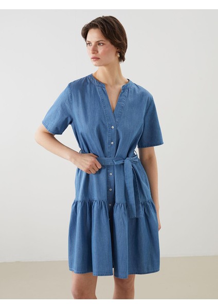 Kaçık Yaka Kuşaklı Mini Jean Elbise (S5)