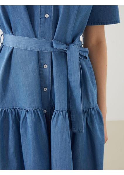 Kaçık Yaka Kuşaklı Mini Jean Elbise (S5) modelleri