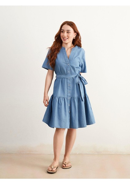 Kaçık Yaka Kuşaklı Mini Jean Elbise (S5) fırsatları