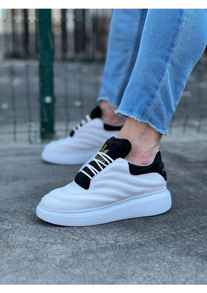 J094 Bağcıklı Ortopedik Taban Erkek Sneaker Günlük Ayakkabı Bt Beyaz/siyah