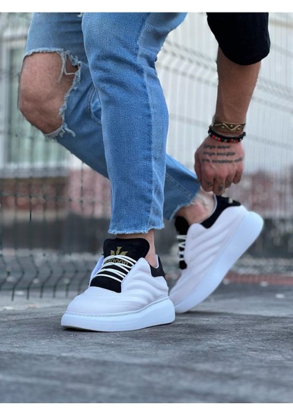 J094 Bağcıklı Ortopedik Taban Erkek Sneaker Günlük Ayakkabı Bt Beyaz/siyah fırsatları