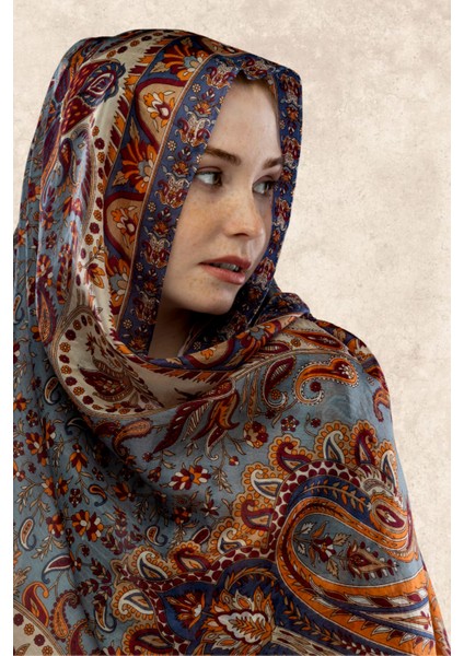 Pale Sky Etnik Desenli Hint Ipek Şal