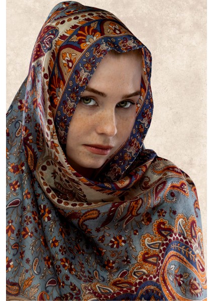 Pale Sky Etnik Desenli Hint Ipek Şal fiyatları