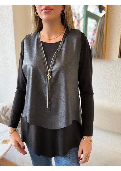 Kadın Uzun Kol Asimetrik Kesim Viskon Bluz ve Çatlak Deri Görünümlü Fermuar Detaylı Yelek Ikili Takım fırsatları