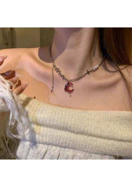 Y2K Red Moon Incili Kolye